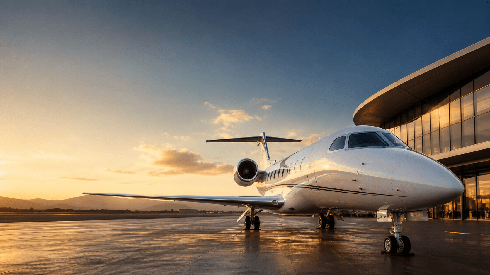 Private jet on the tarmac at sunset